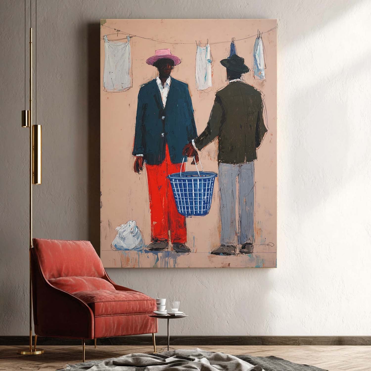 Cute Laundry Scene Wall Art Vibrant Painting Of Black Men With Blue Basket Unique Home Decor For Living Room