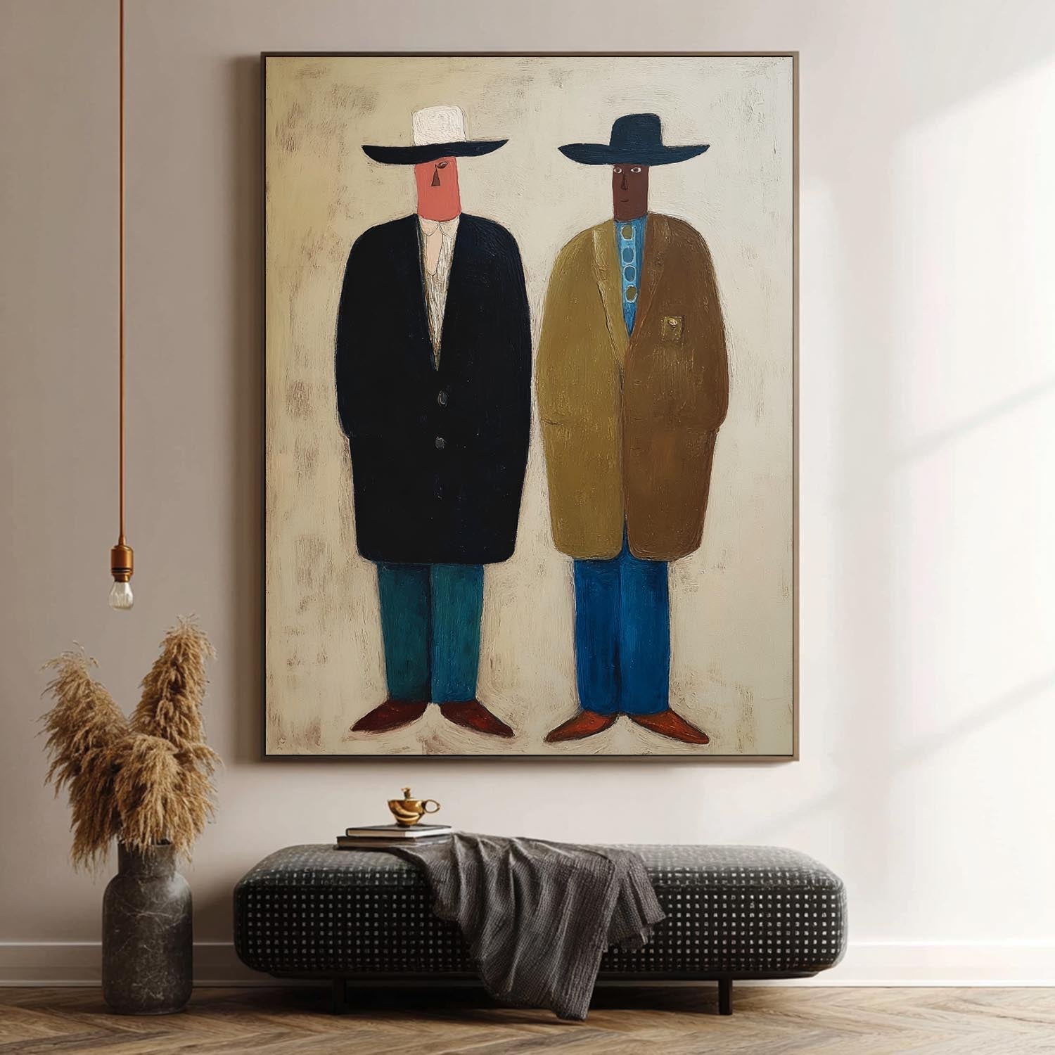 Two Figures In Cowboy Hats Retro Minimalist Wall Art Modern Abstract Painting Unique Artwork Home Decor