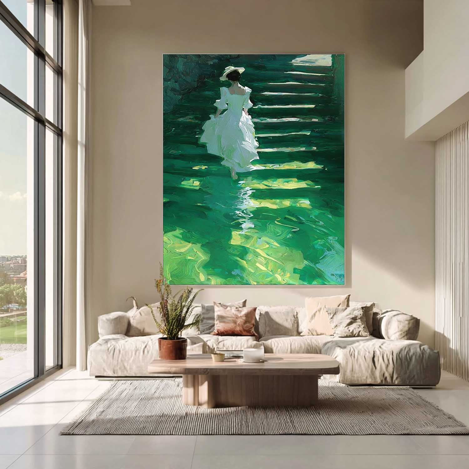Green Toned Vintage Oil Painting Of Female Figure In White Dress On Water Stairs Artistic Wall Decor