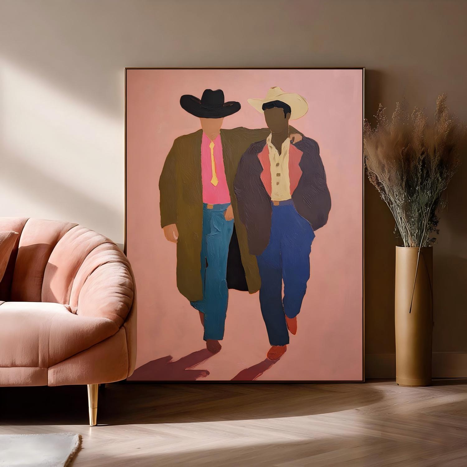 Two Cowboys With Cowboy Hats Bold Color Fashion Illustration Retro Western Style Wall Decor Modern Aesthetic