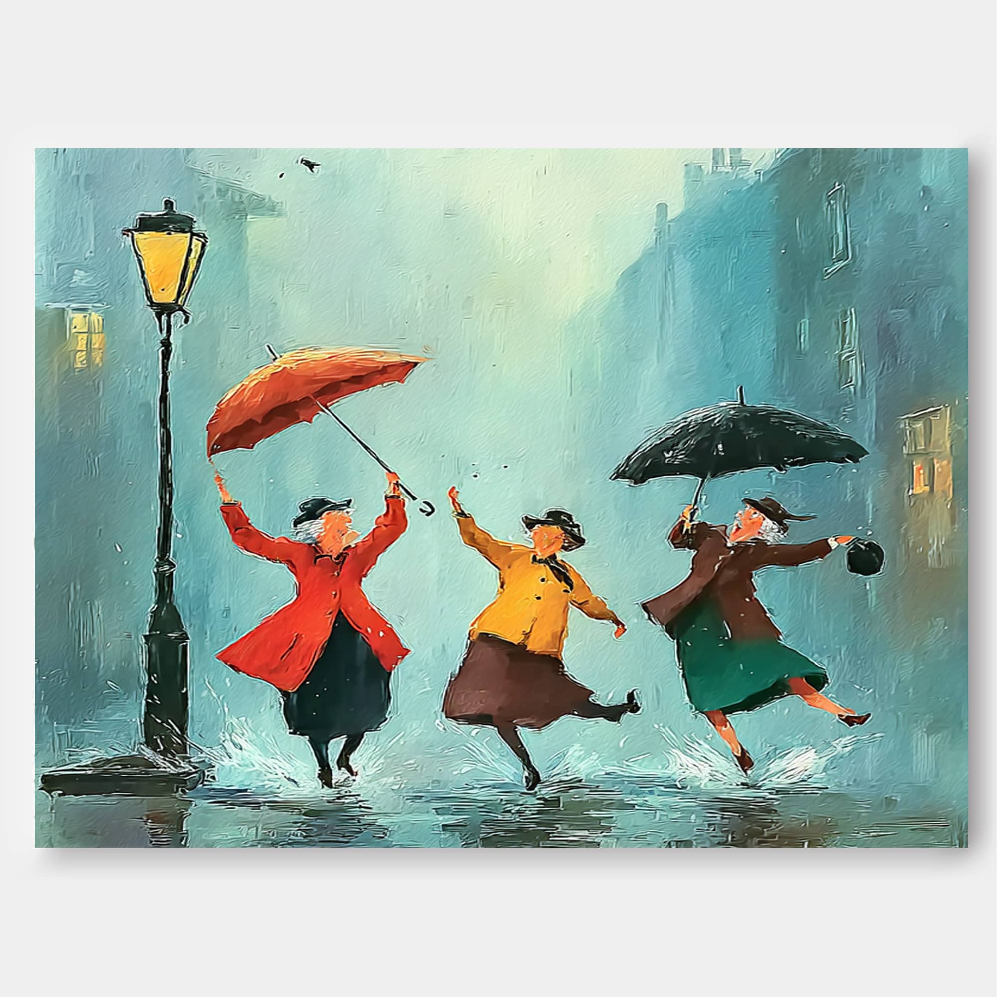 Vintage Style Oil Painting Depicting Friendship In City Rain With Umbrellas And Reflections For Lounge Wall Decor