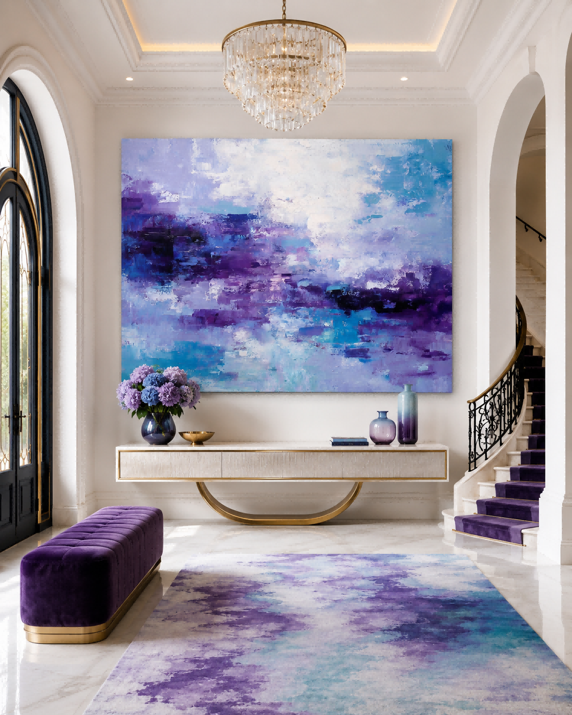 Horizontal Violet And Teal Oil Art For Lounge And Bedroom Calm Atmosphere Design