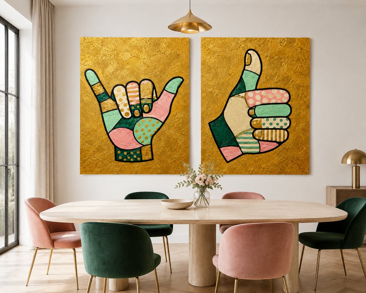 Hand-Painted Shaka And Thumbs Up Canvas Art Set With Gold Background