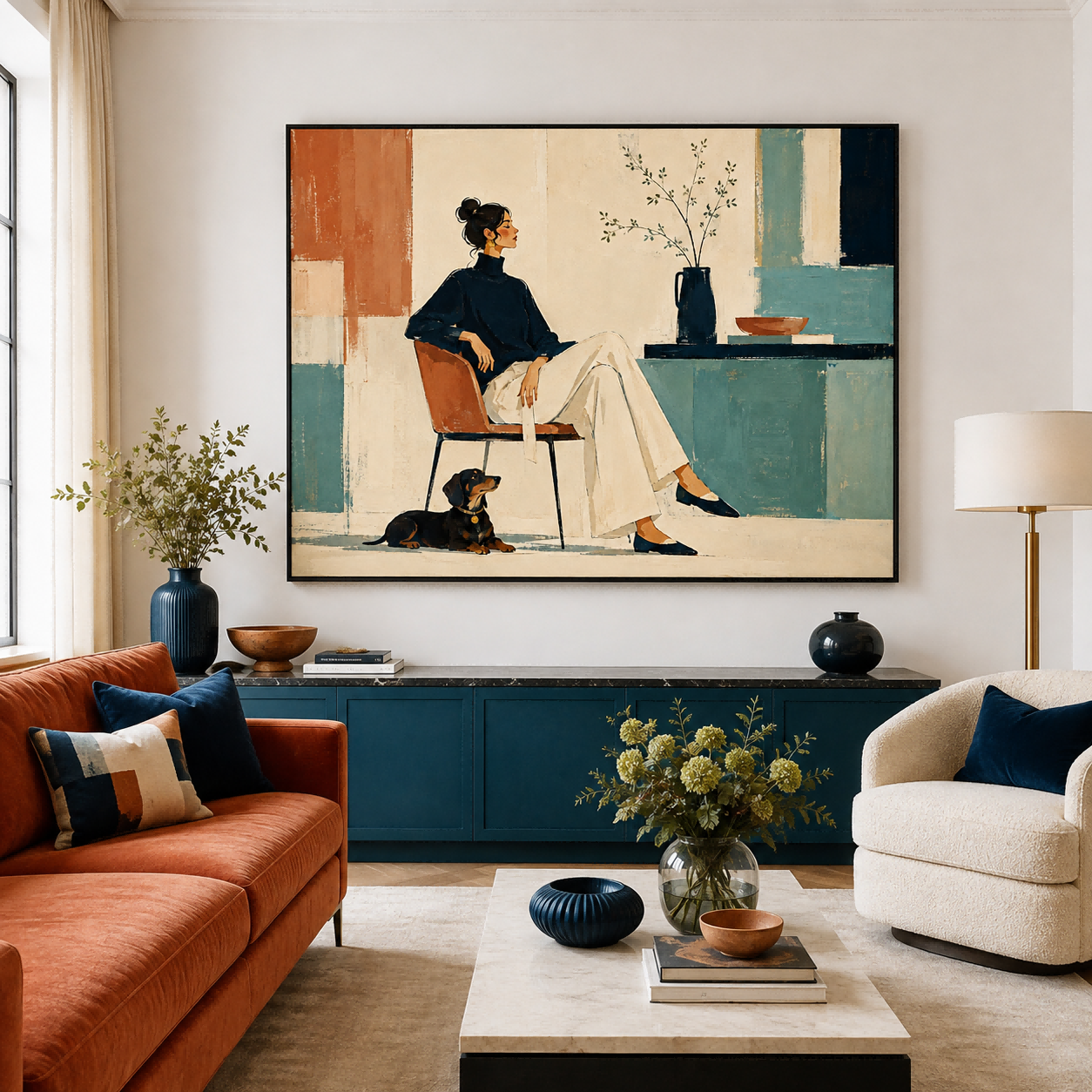 Stylish Illustrative Oil Painting Of Woman And Dog For Contemporary Home Interior Design
