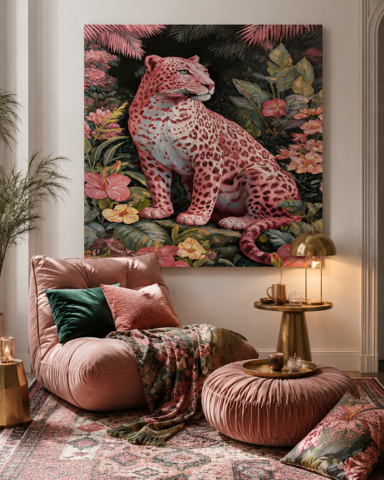 Square Canvas Art Featuring Pink Panther And Hibiscus Flowers Design