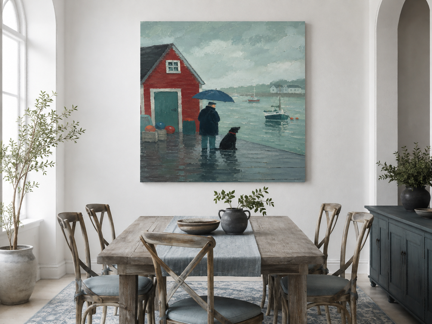 Textured Impressionist Seascape With Red Cabin And Boat Original Canvas