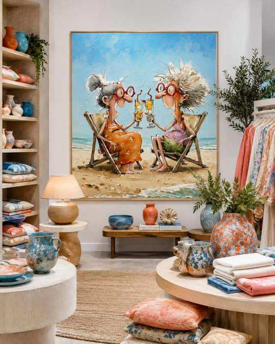 Colorful Illustrative Canvas Art Featuring Funny Seniors At The Beach In Orange And Pink