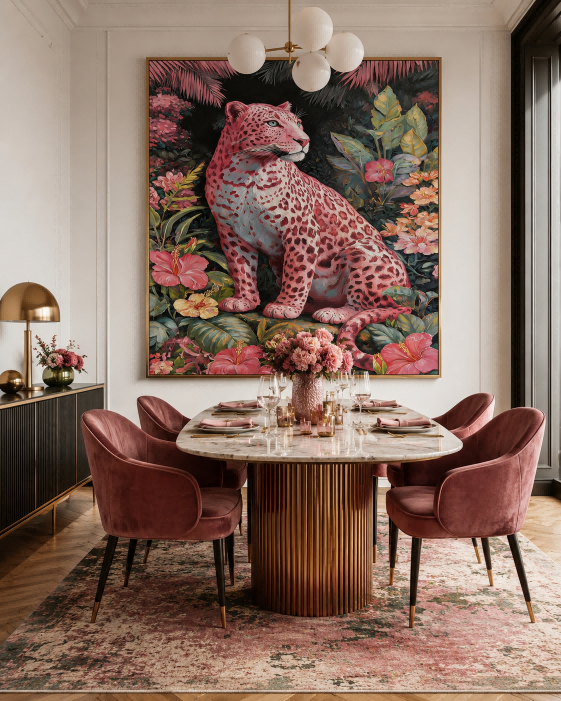 Square Canvas Art Featuring Pink Panther And Hibiscus Flowers Design