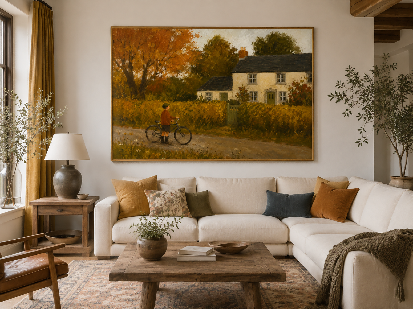 Nostalgic Rural Scene Original Canvas Painting In Classic Realist Style Boy With Bicycle Country Lane Hand-Painted Canvas Art In Golden Autumn Colors
