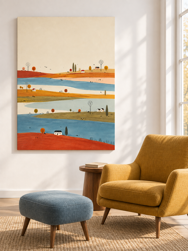 Naive Art Style Oil Painting Creamy Beige And Rustic Autumn Landscape Canvas