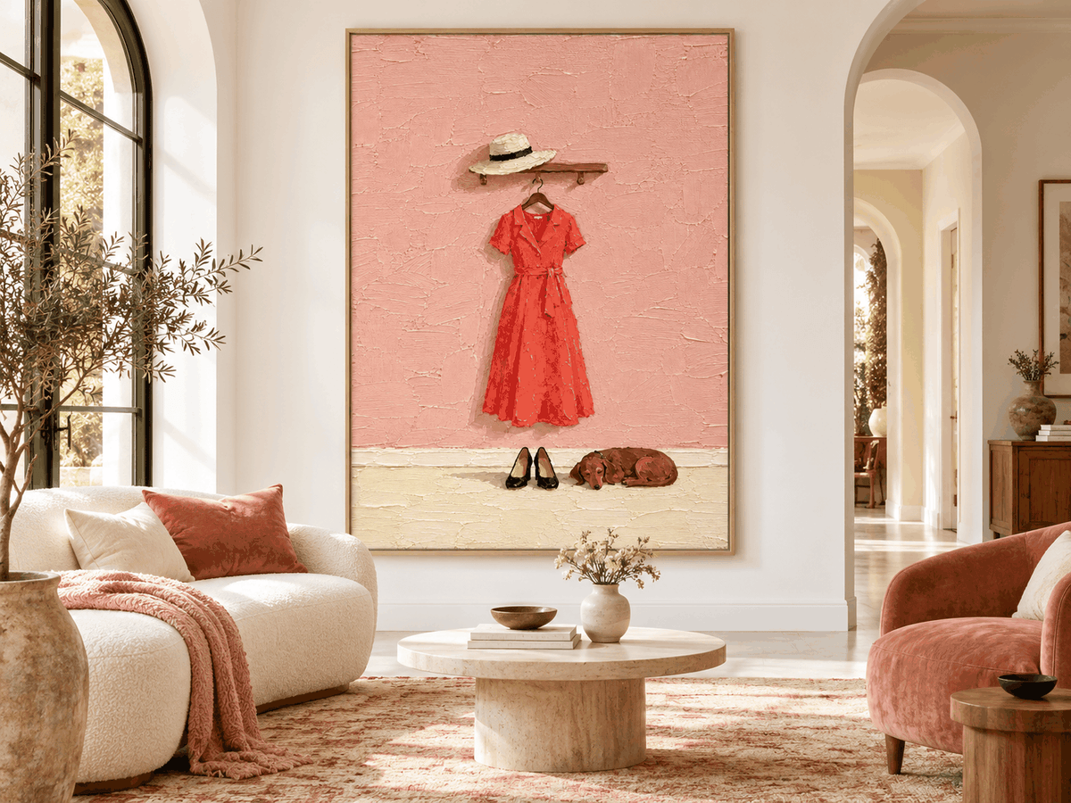 Red Dress And Dachshund Hand-Painted Canvas Art With Textured Pink Wall