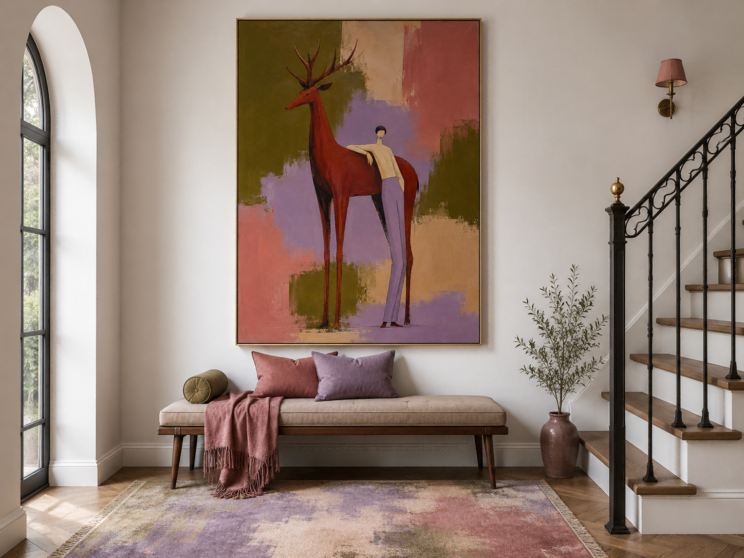 Abstract Man And Red Deer Canvas Painting Hand-Painted Wall Art