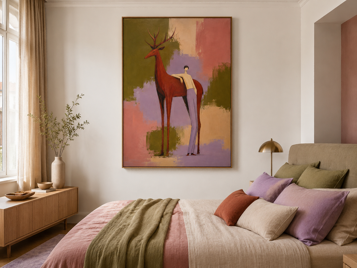 Abstract Man And Red Deer Canvas Painting Hand-Painted Wall Art