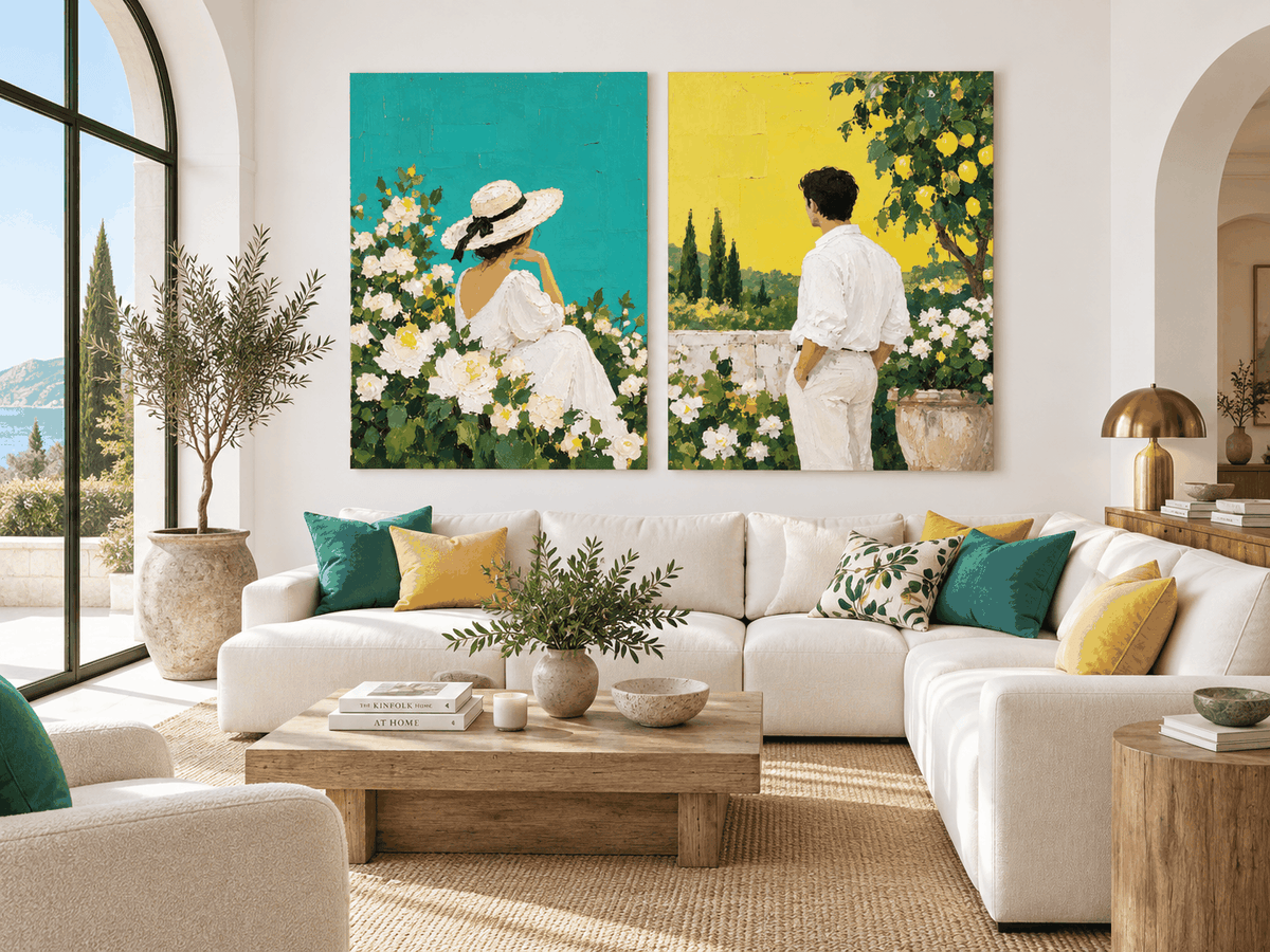 Hand-Painted Couple In Garden Canvas Art With Lemon Trees And Roses