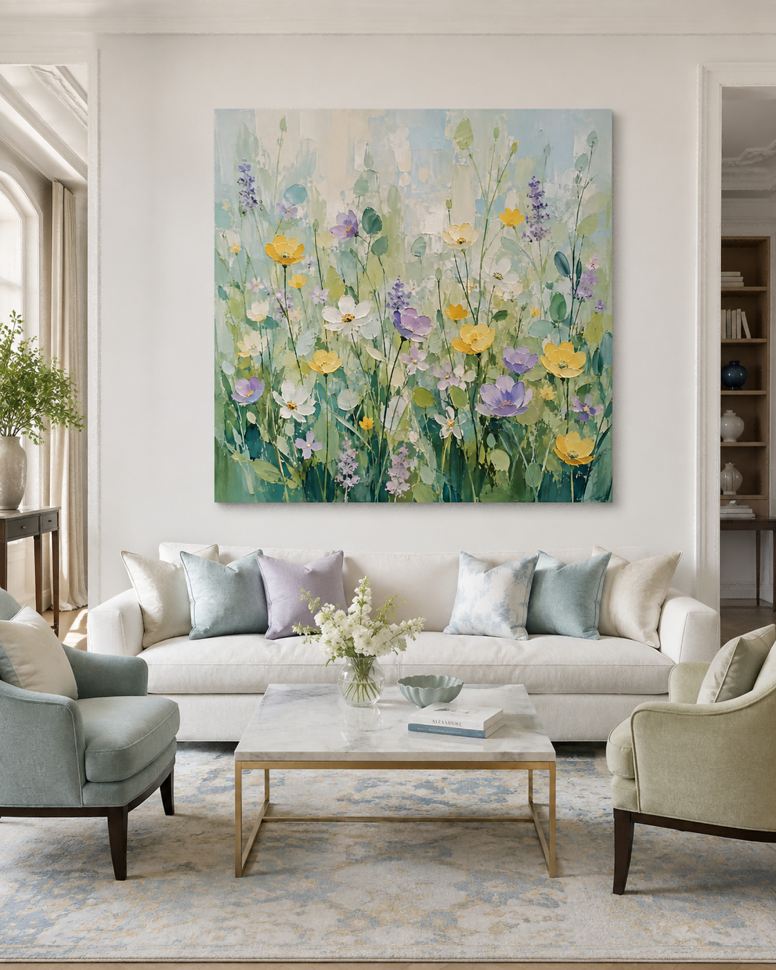 Hand-Painted Floral Meadow Canvas Art With Impasto Texture For Modern Home