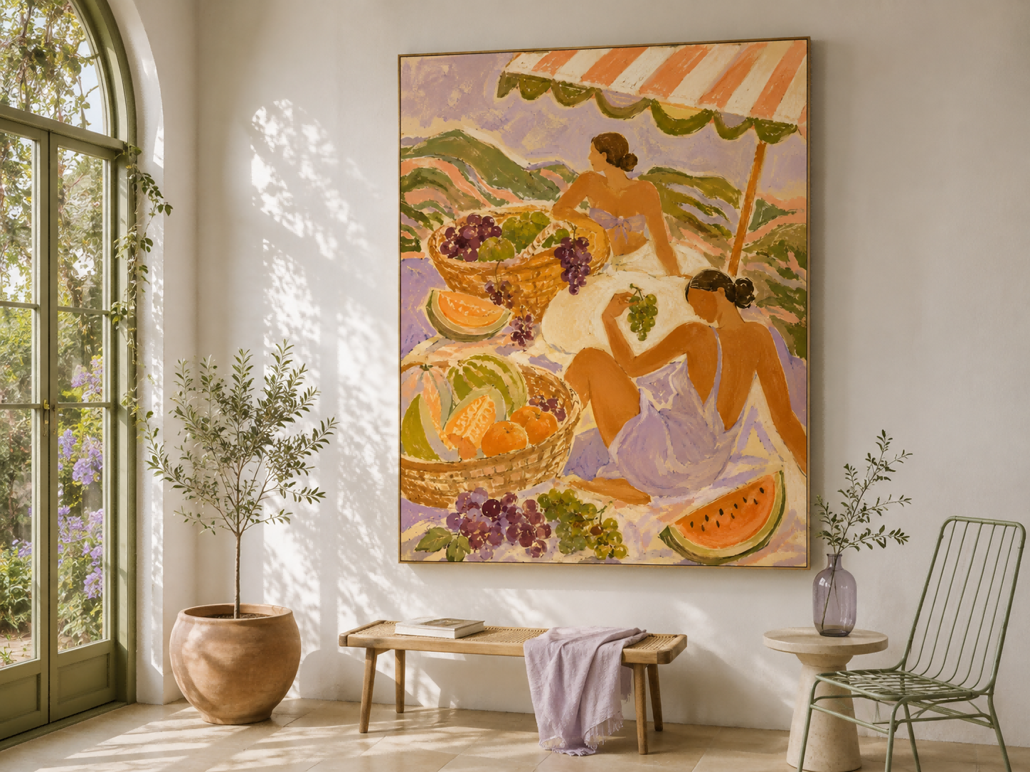 Fantasy Style Lavender And Orange Abstract Figure Oil Painting On Canvas Art Deco Women With Fruit Basket Hand-Painted Canvas Wall Art