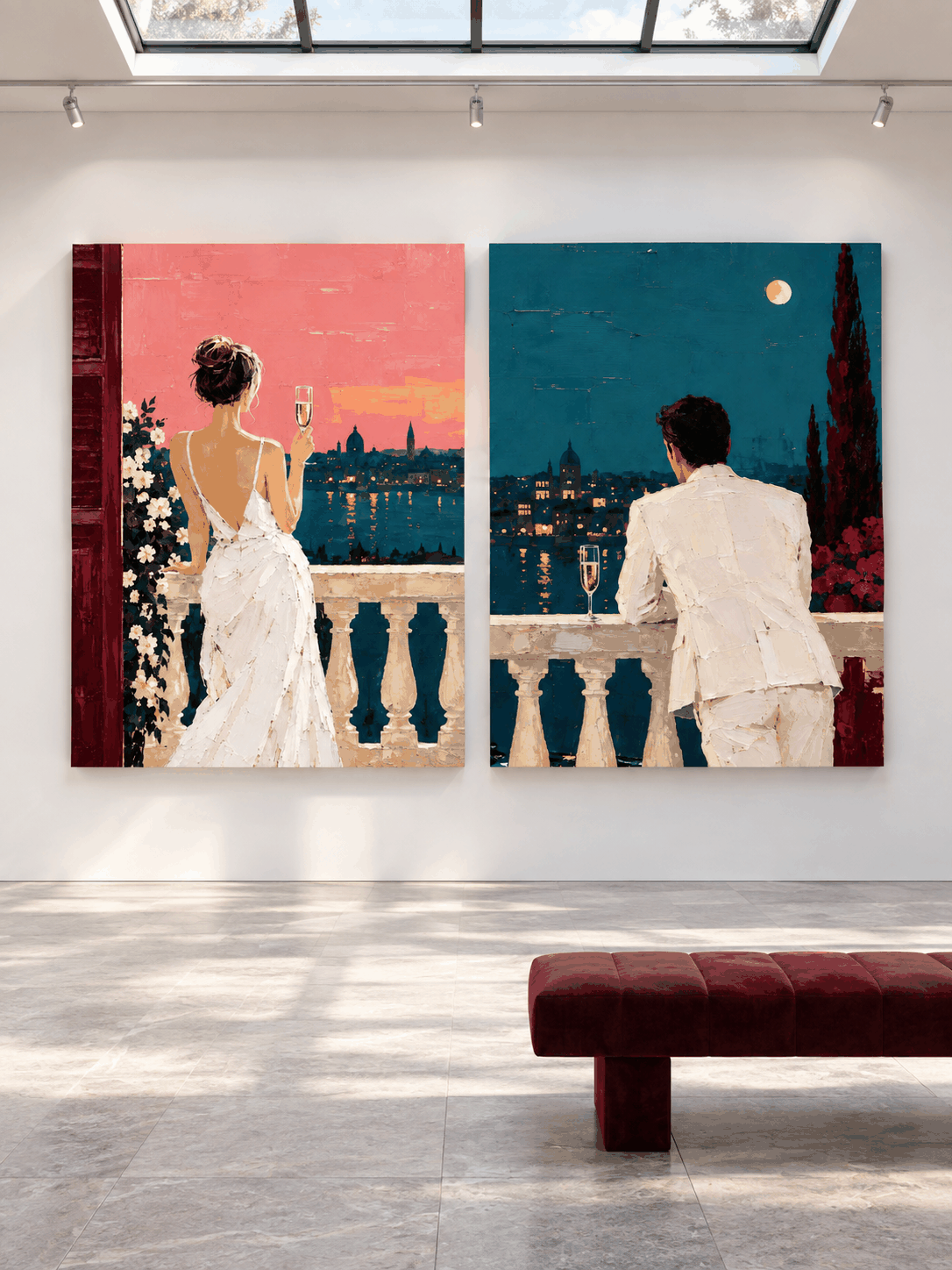 Romantic Couple Cityscape Hand-Painted Canvas Art Set Pink Teal