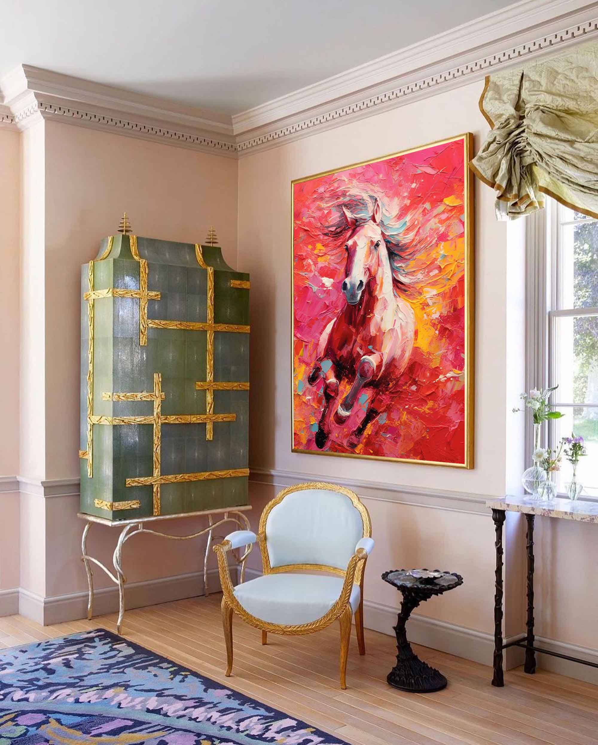 Vibrant Red Horse Oil Painting Modern Red background Texture Animal Oil Painting Impressionist Horse Wall Art Living Room Decor