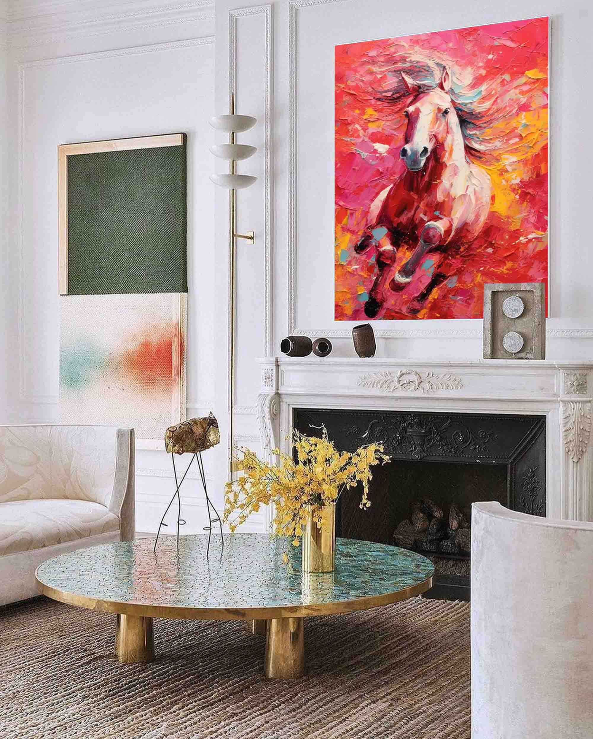 Vibrant Red Horse Oil Painting Modern Red background Texture Animal Oil Painting Impressionist Horse Wall Art Living Room Decor
