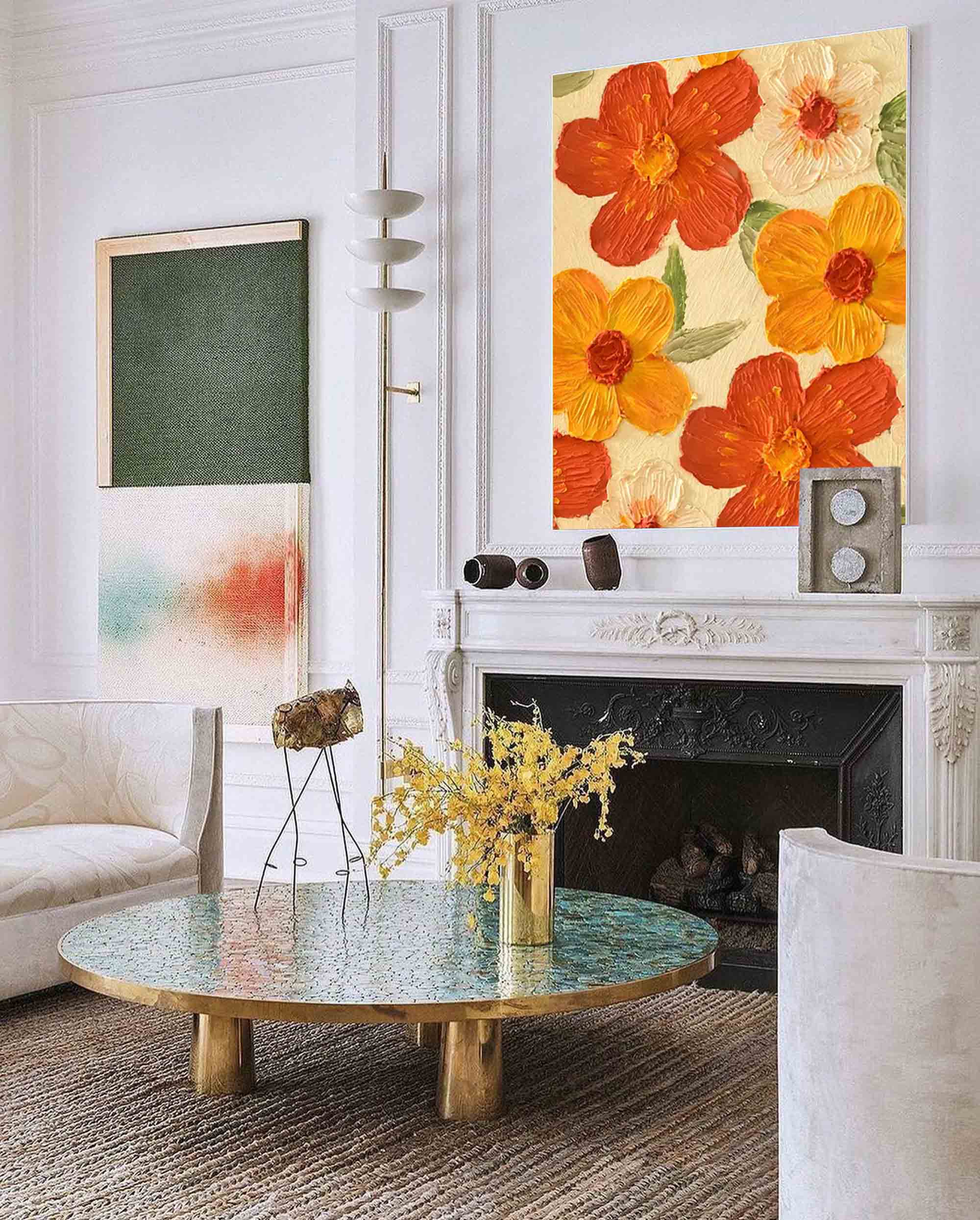 Bright Yellow Modern Floral Oil Painting On Canvas Large Textured Floral Acrylic Painting Original Flower Wall Art Home Decor