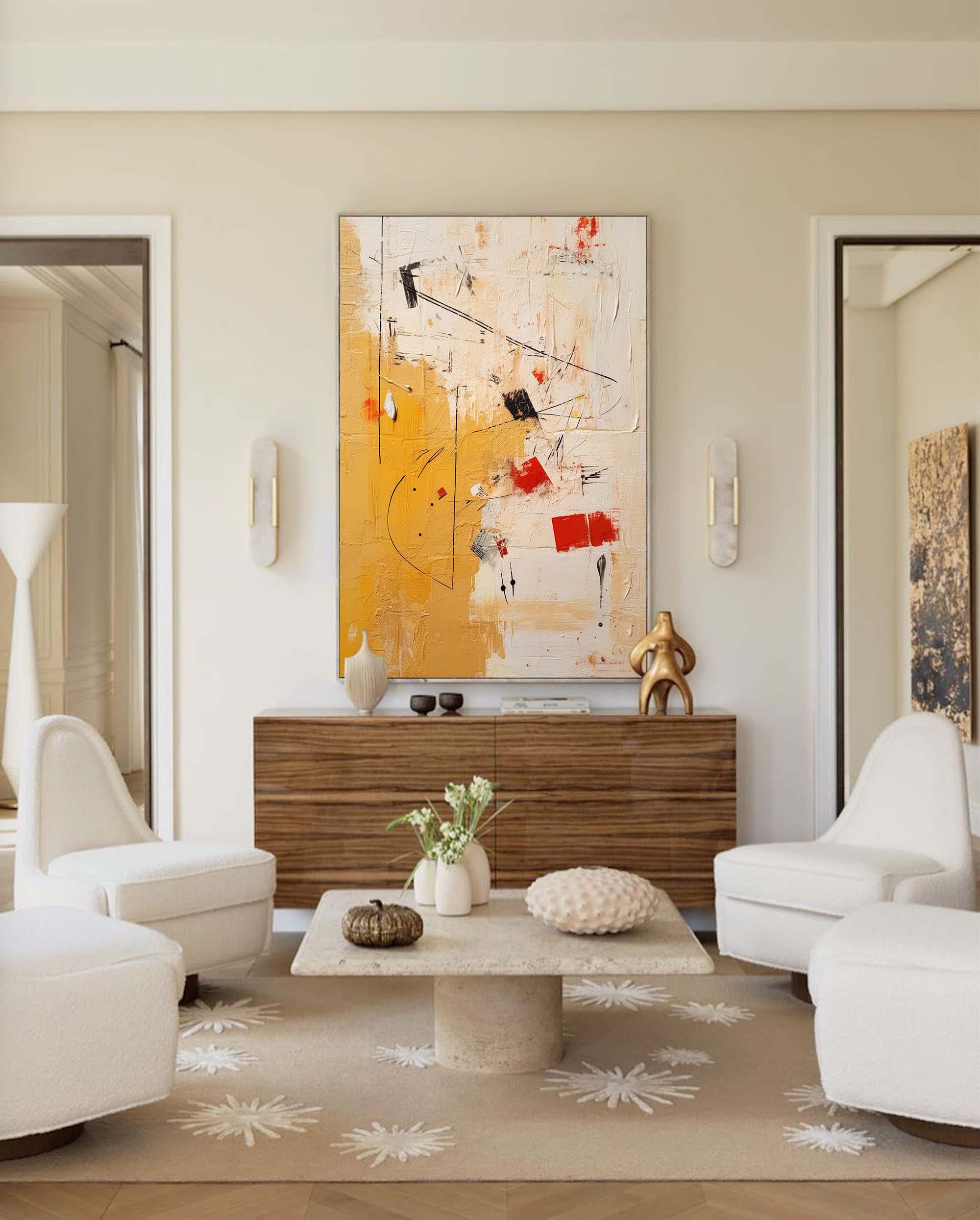 Vibrant Modern Textured Oil Painting Canvas Original Musical Notes Abstract Wall Art Large Yellow Oil Painting Living Room Decor