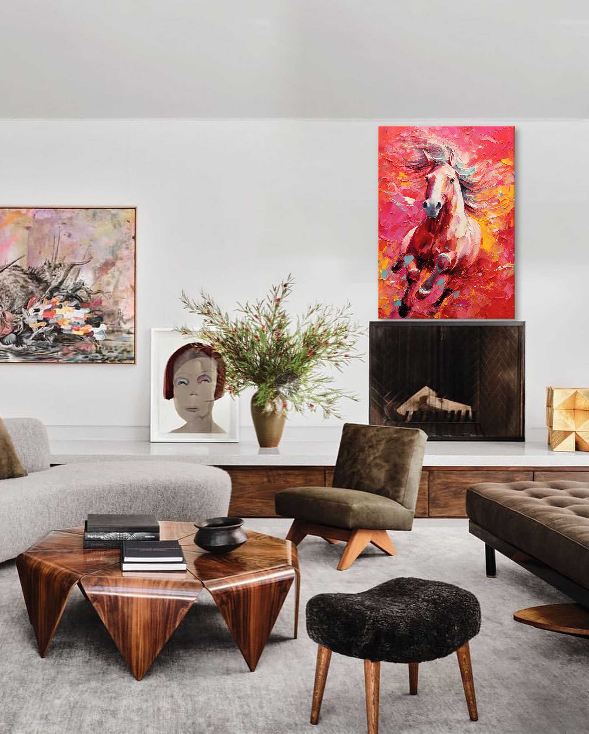 Vibrant Red Horse Oil Painting Modern Red background Texture Animal Oil Painting Impressionist Horse Wall Art Living Room Decor