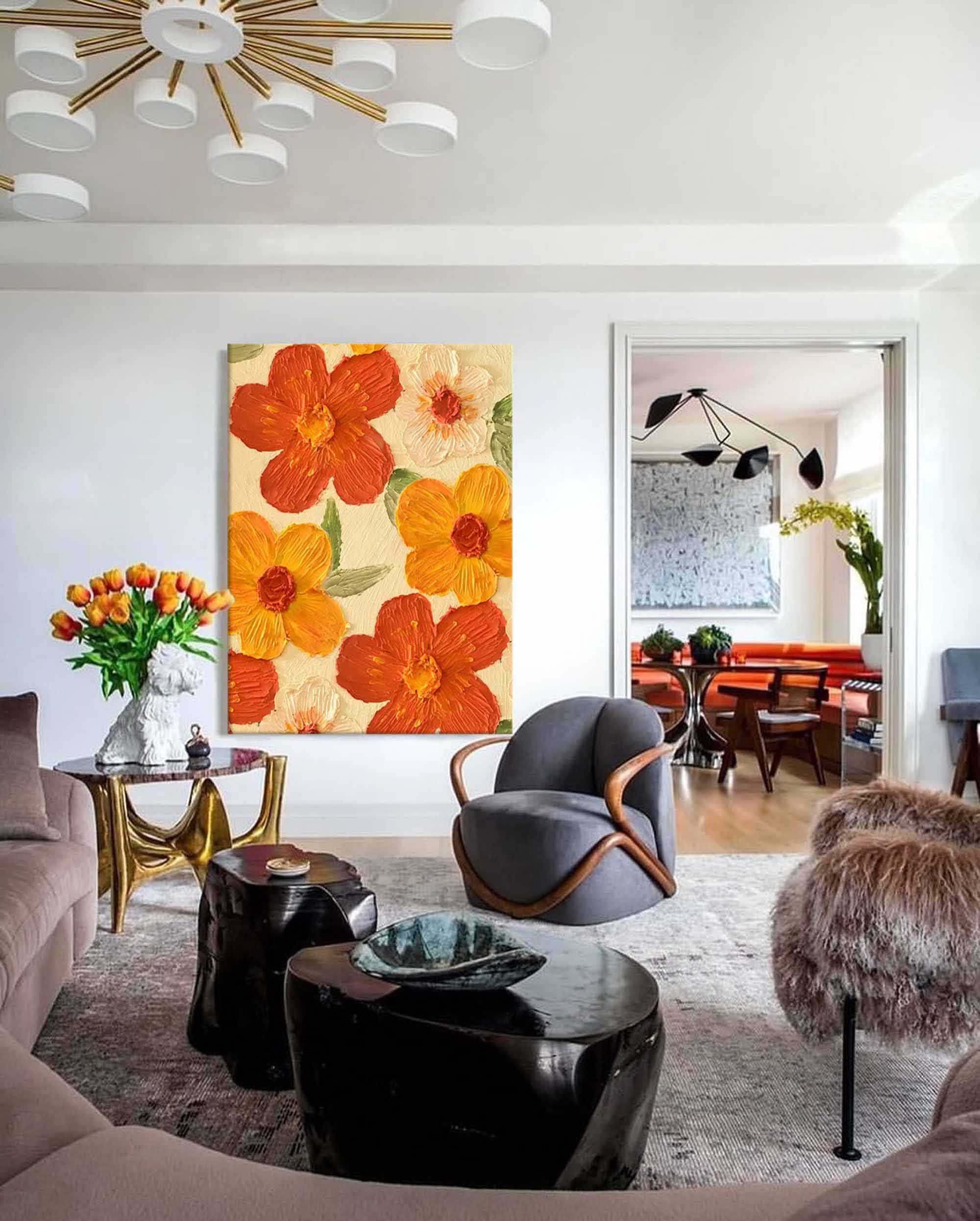 Bright Yellow Modern Floral Oil Painting On Canvas Large Textured Floral Acrylic Painting Original Flower Wall Art Home Decor
