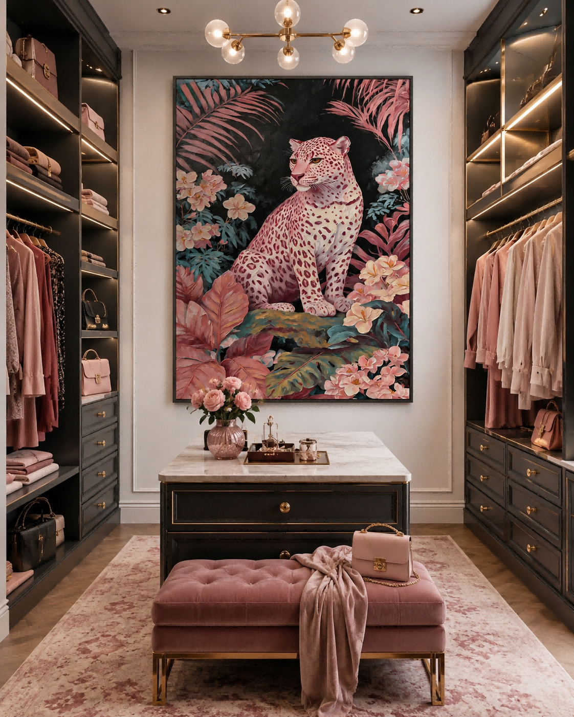 Pink Leopard Painting In Tropical Jungle For Modern Living Room Wall Art Decor