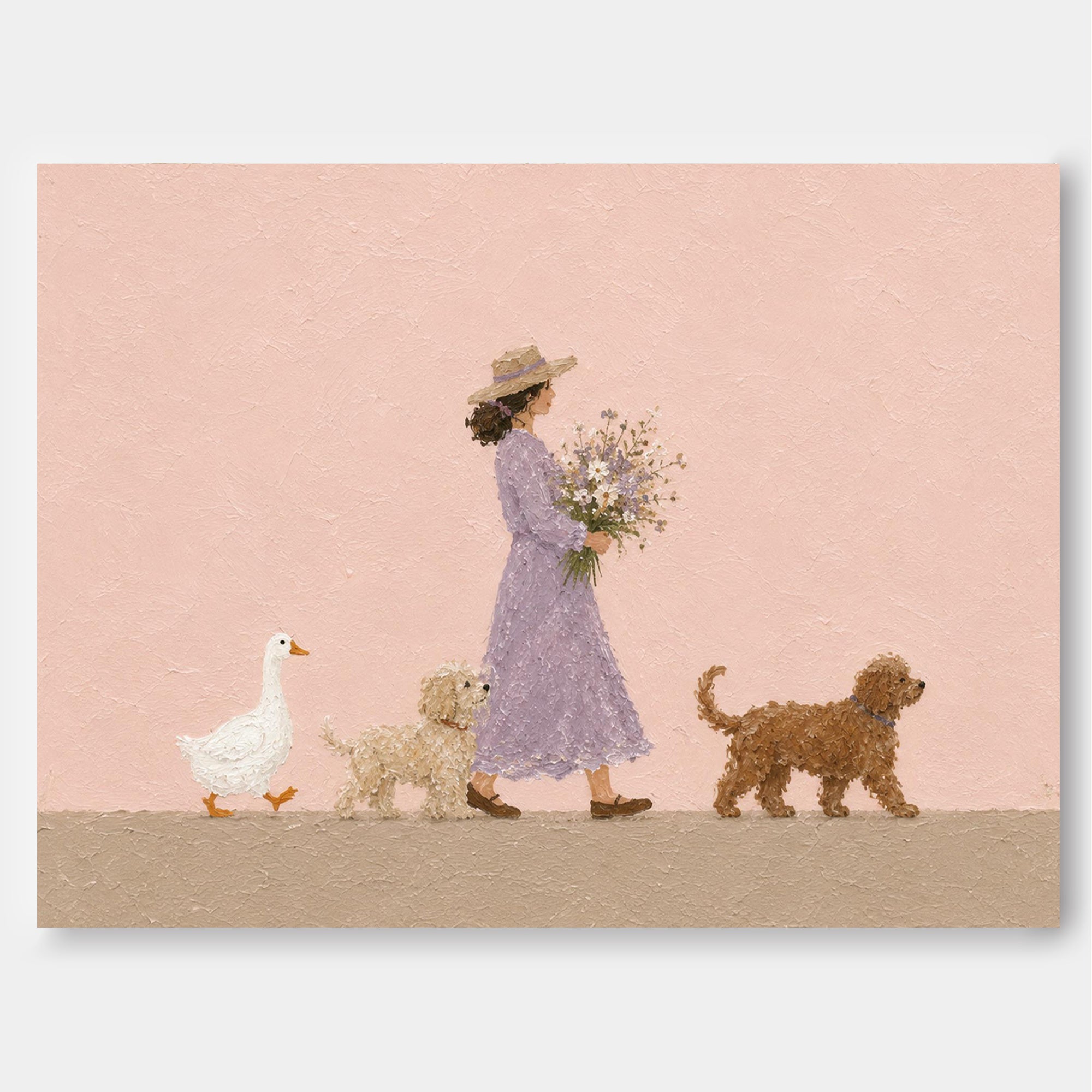 Modern Abstract Pastoral Art With Textured Pink Background And Whimsical Characters