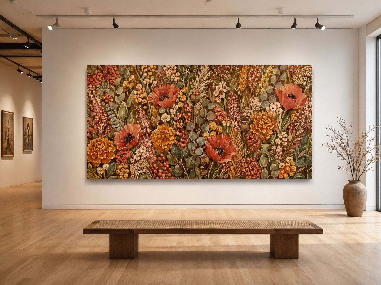 Vintage Floral Canvas Art With Poppies And Marigolds In Warm Earth Tones