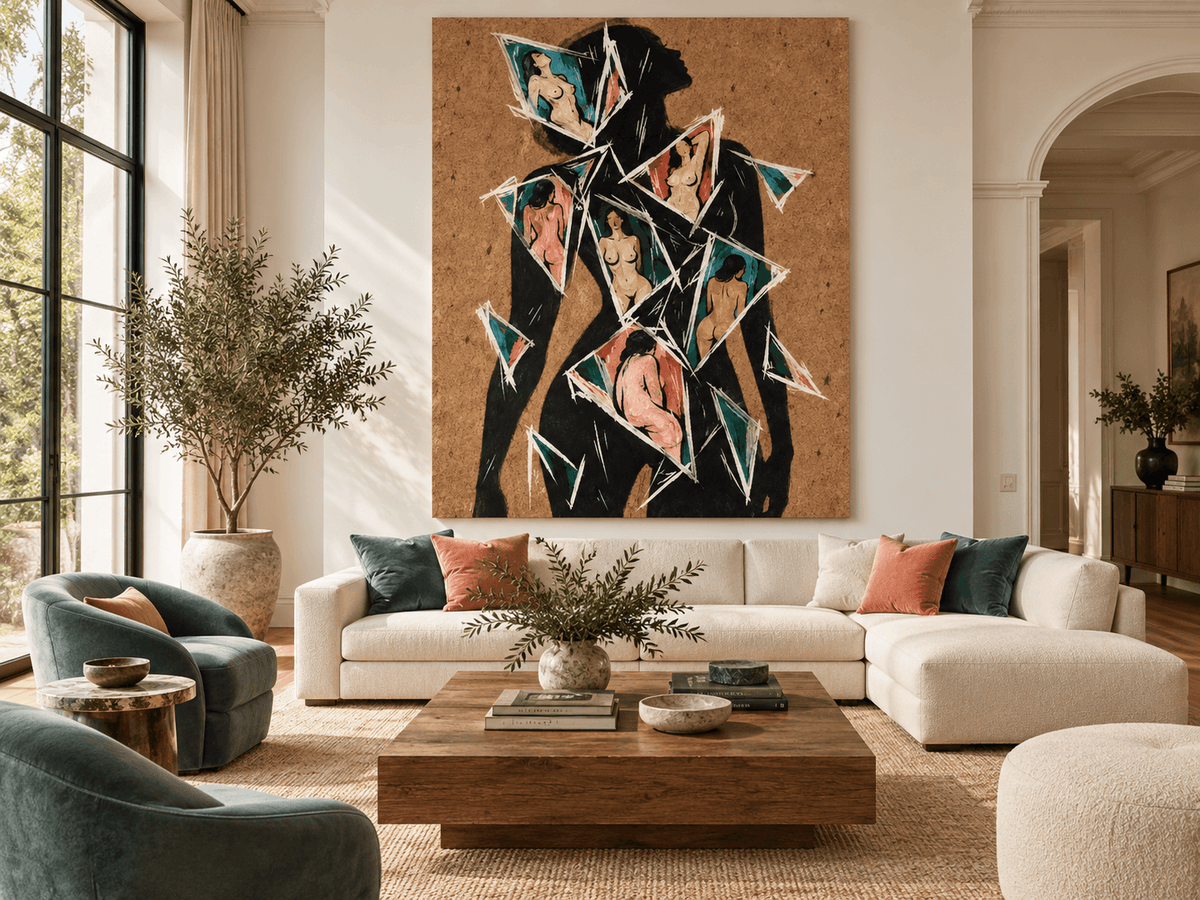 Abstract Female Silhouette Hand-Painted Canvas Art With Fragmented Nude Figures In Teal And Pink