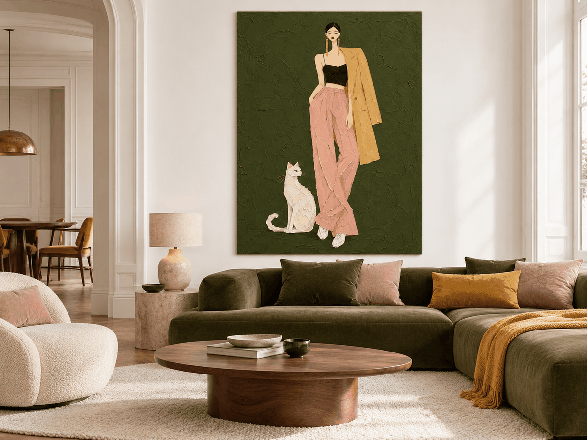 Textured Impasto Style Painting Of A Chic Woman And Her Cat