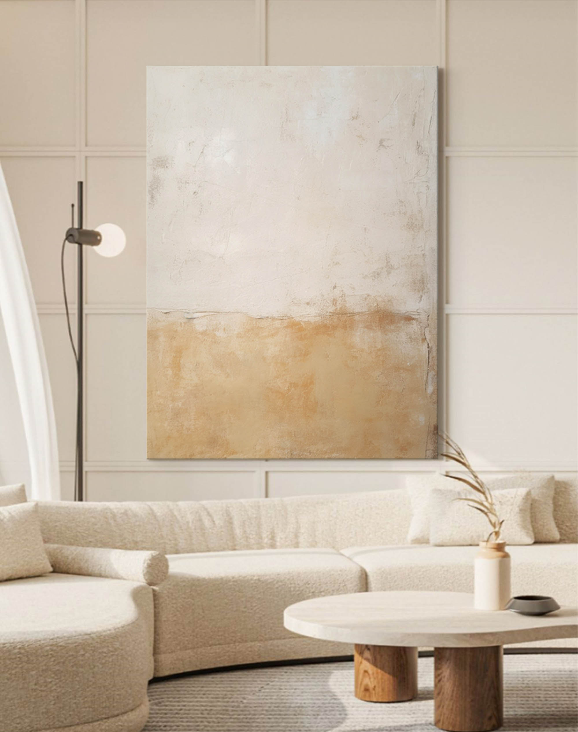 Beige Minimalist Wall Art Canvas With Frame Oil Painting Abstract Large vintage Oil Painting For Living Room