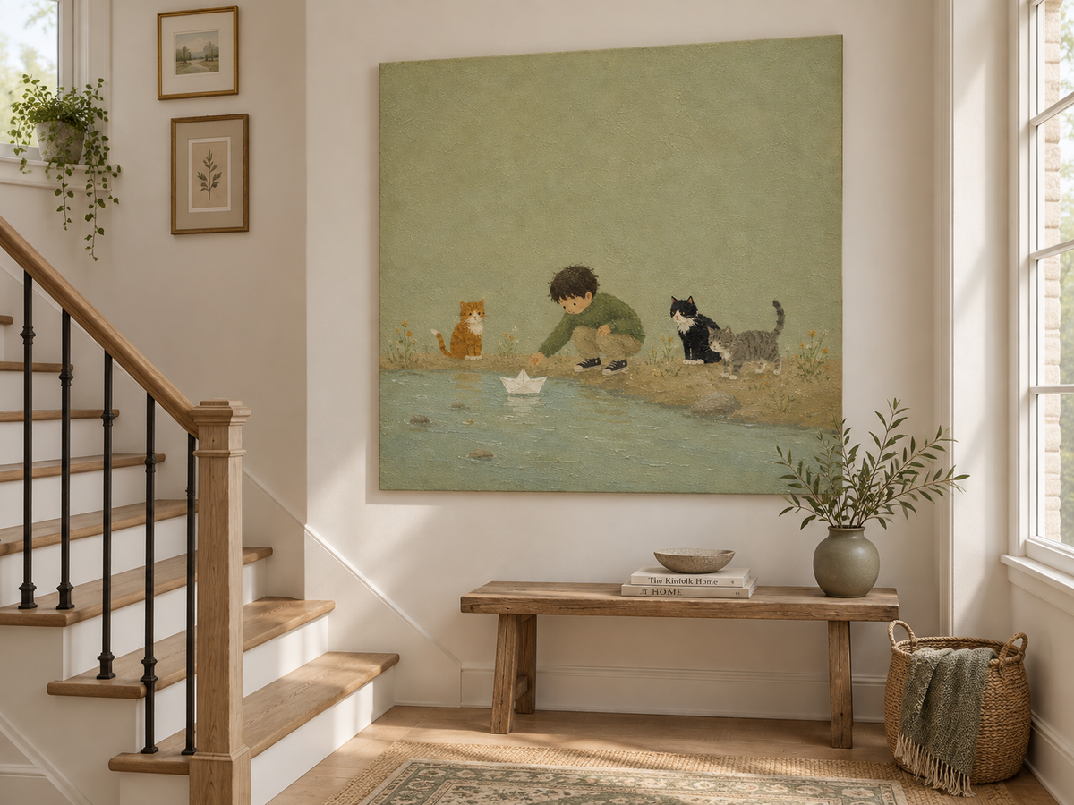 Whimsical Nursery Wall Art With Boy And Cats For Kids Room Modern Abstract Storytelling Canvas Painting With Textured Green
