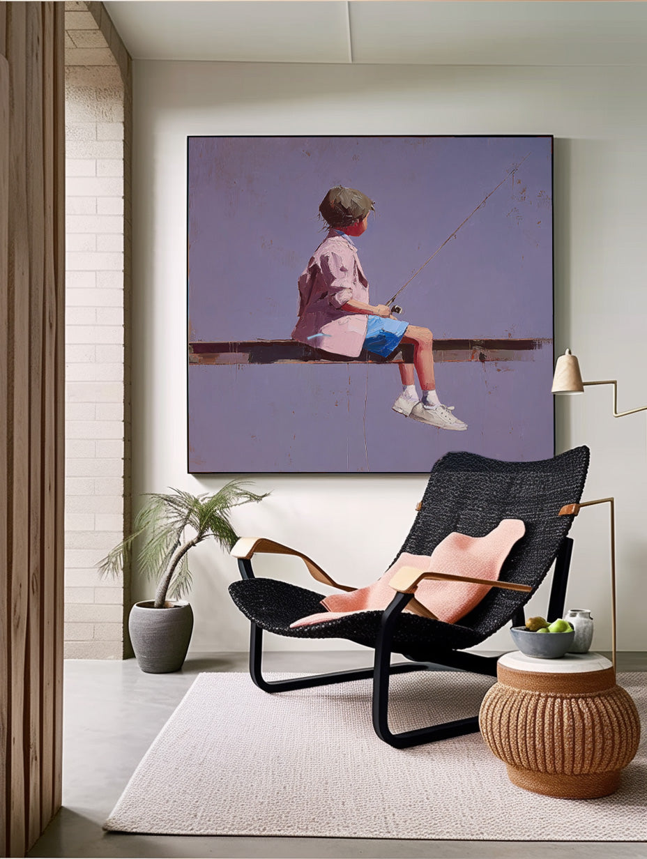 Abstract Warm atmosphere Art Original Purple Wall Art Minimalist Boy Fishing Painting For Living Room