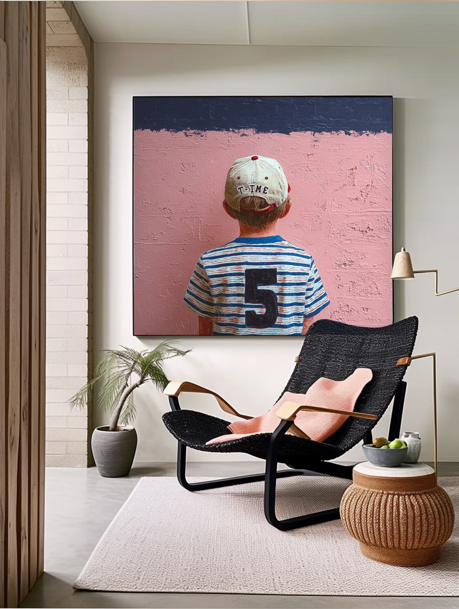 Original Pink Wall Art Minimalist Child Back view Painting Abstract Cool Boy Art For Living Room