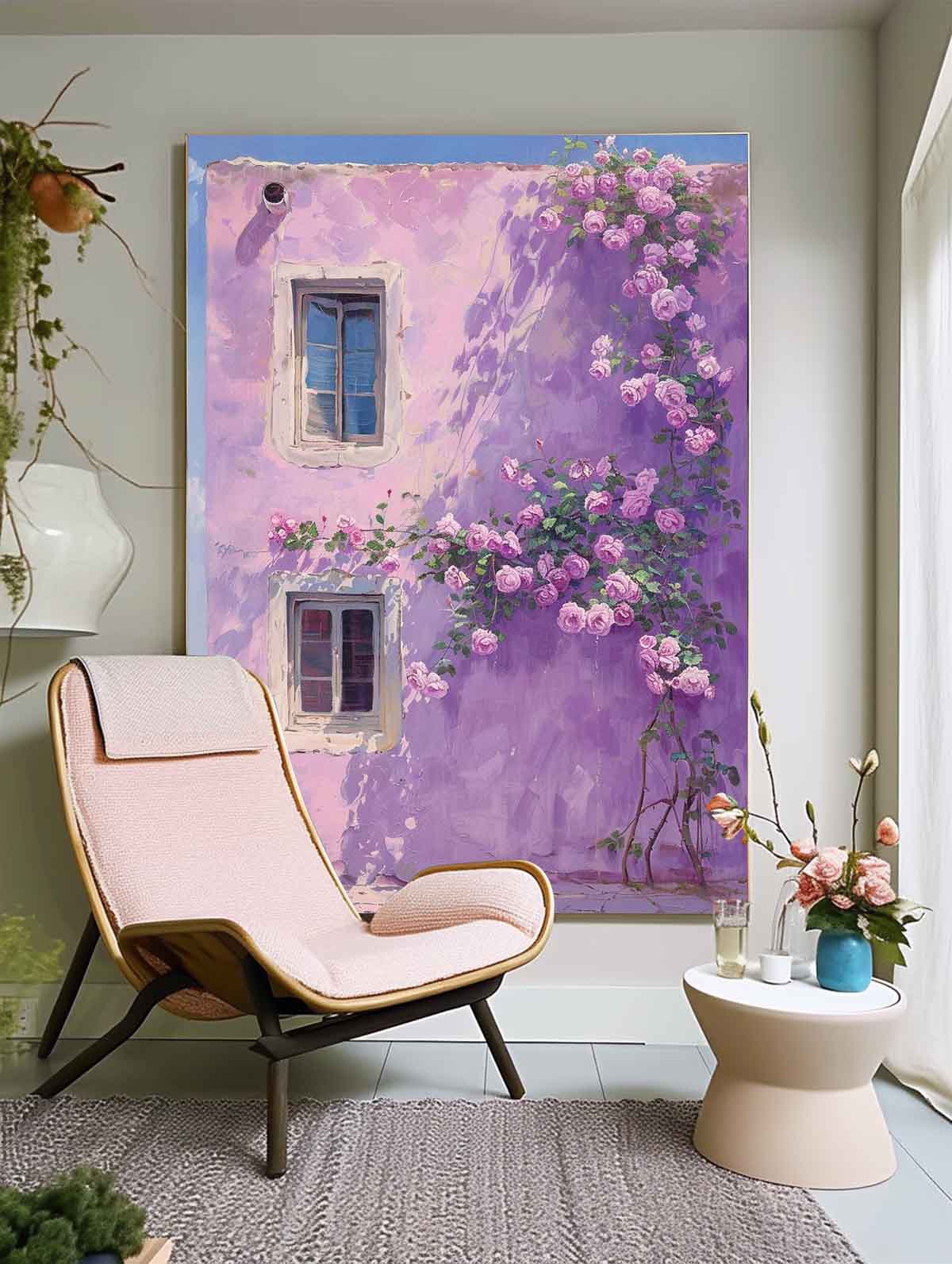 Original Floral Painting Flowers And Purple Building Acrylic Painting Canvas Large Textured Art Home Decor