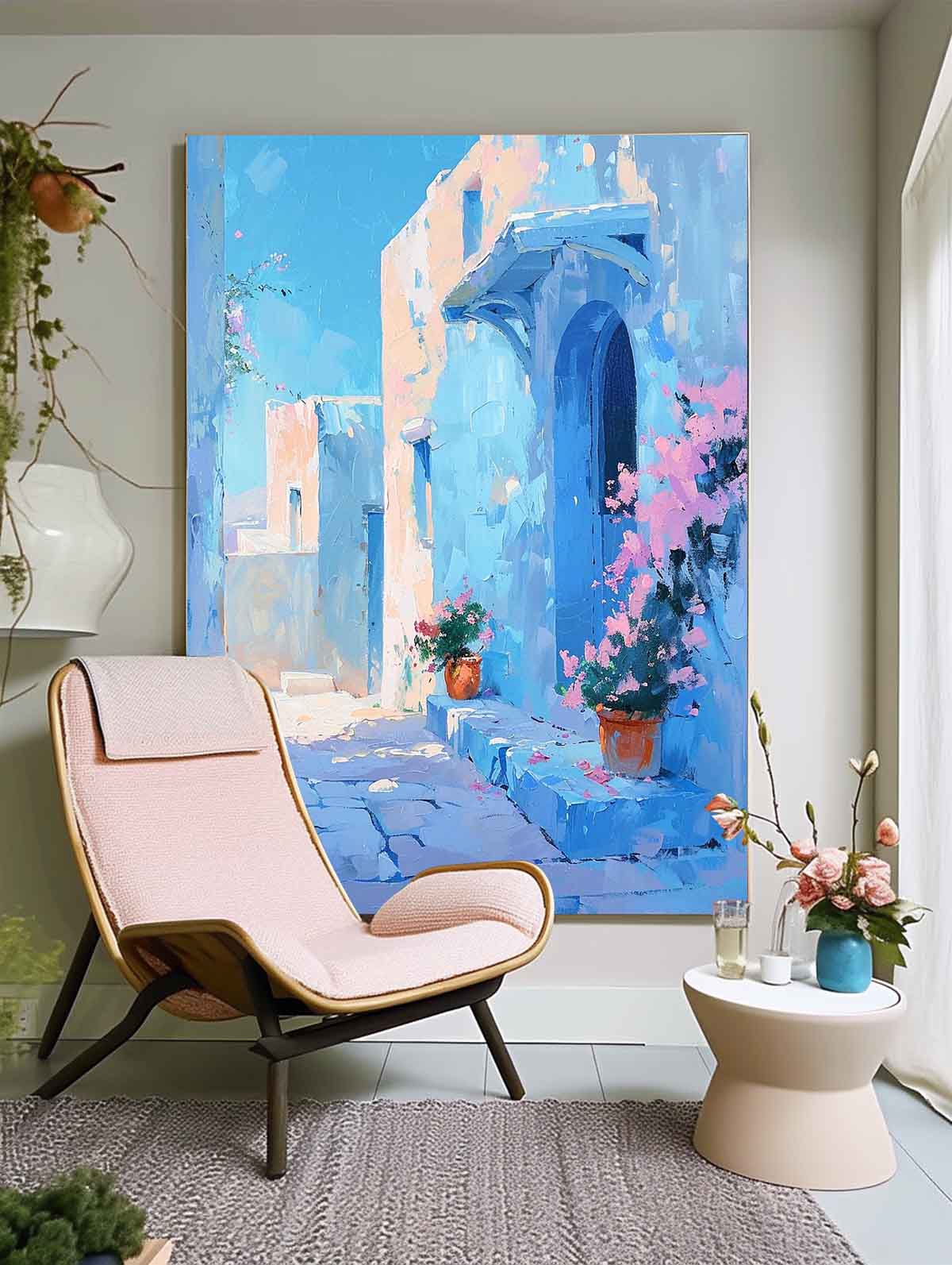 Large Alley Wall Art Original Modern Oil Painting On Canvas Dreamy Blue Building Abstract House Art Home Decor