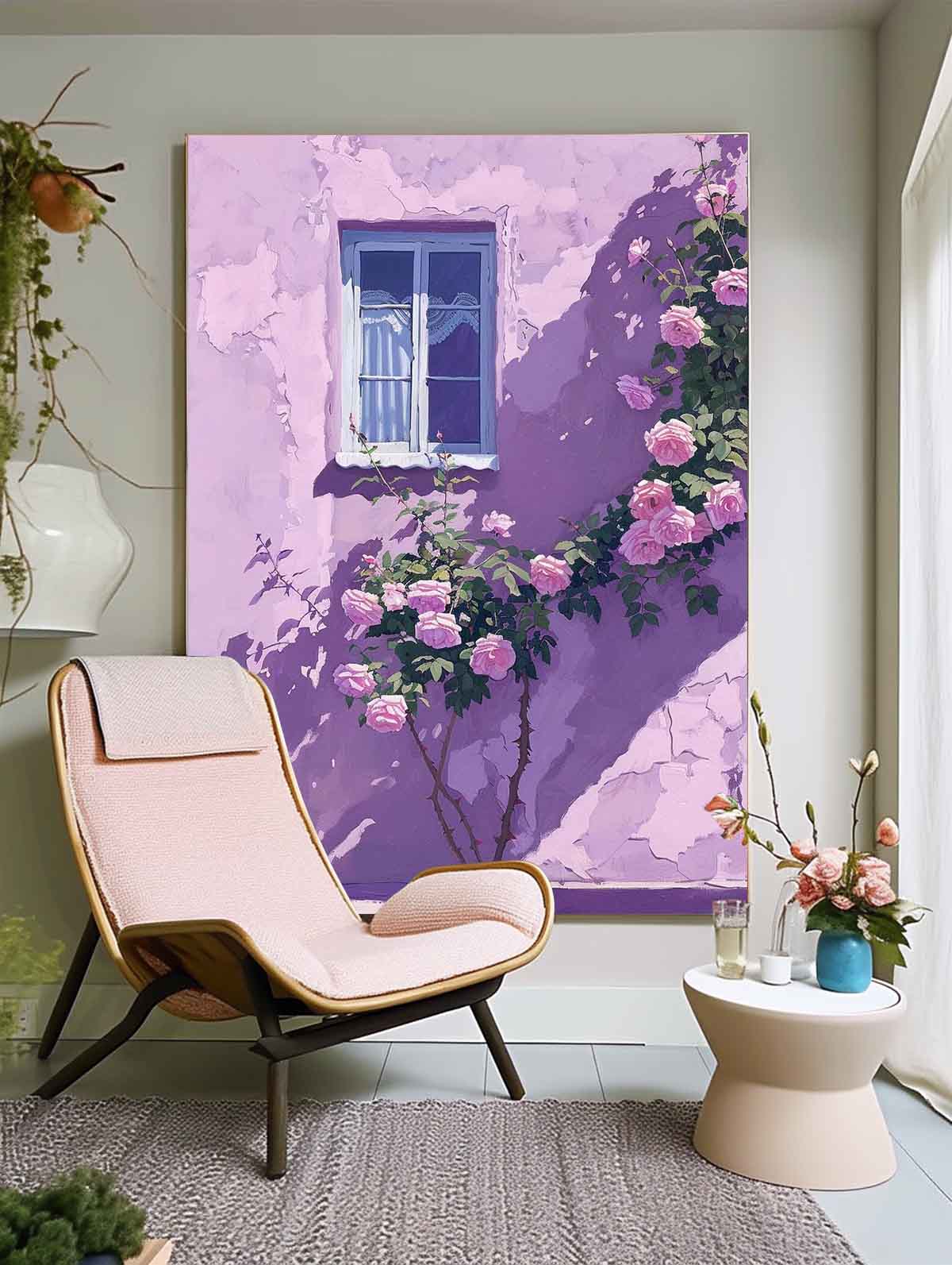 Flowers And Purple Building Acrylic Painting Canvas Large Textured Art Original Floral Painting Home Decor