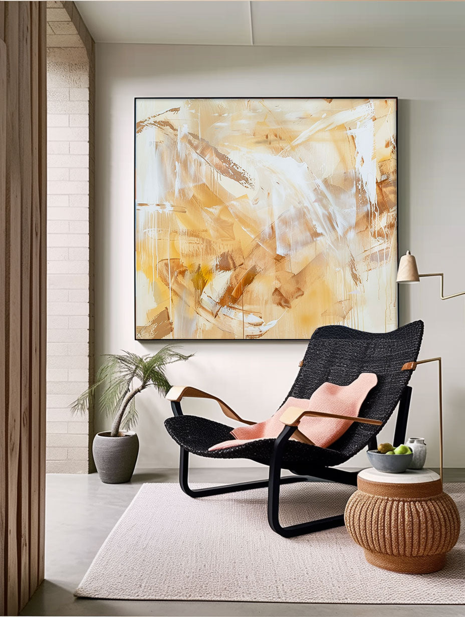 Bright Yellow Oil Painting Square Texture Abstract Acrylic Painting On Canvas Oversize Wall Art Home Decor