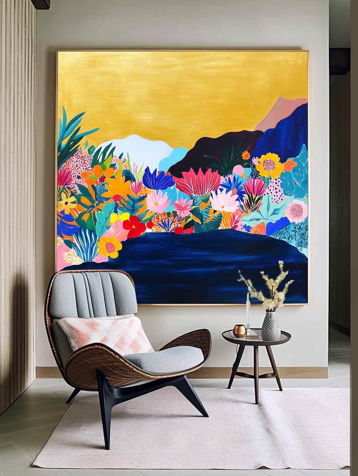 Large Illustration style Wall Art Floral Painting on Canvas Original Flower Bush Botanical Square Artwork