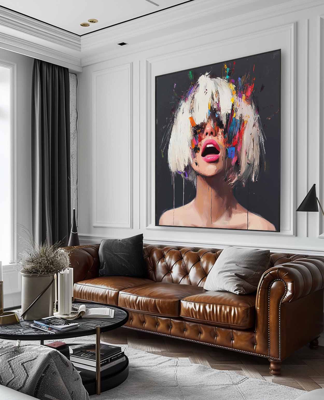 Beautiful Lady Abstract Wall Art Square Large Short Hair Girl Portrait Artwork Origina Acrylic Painting Canvas