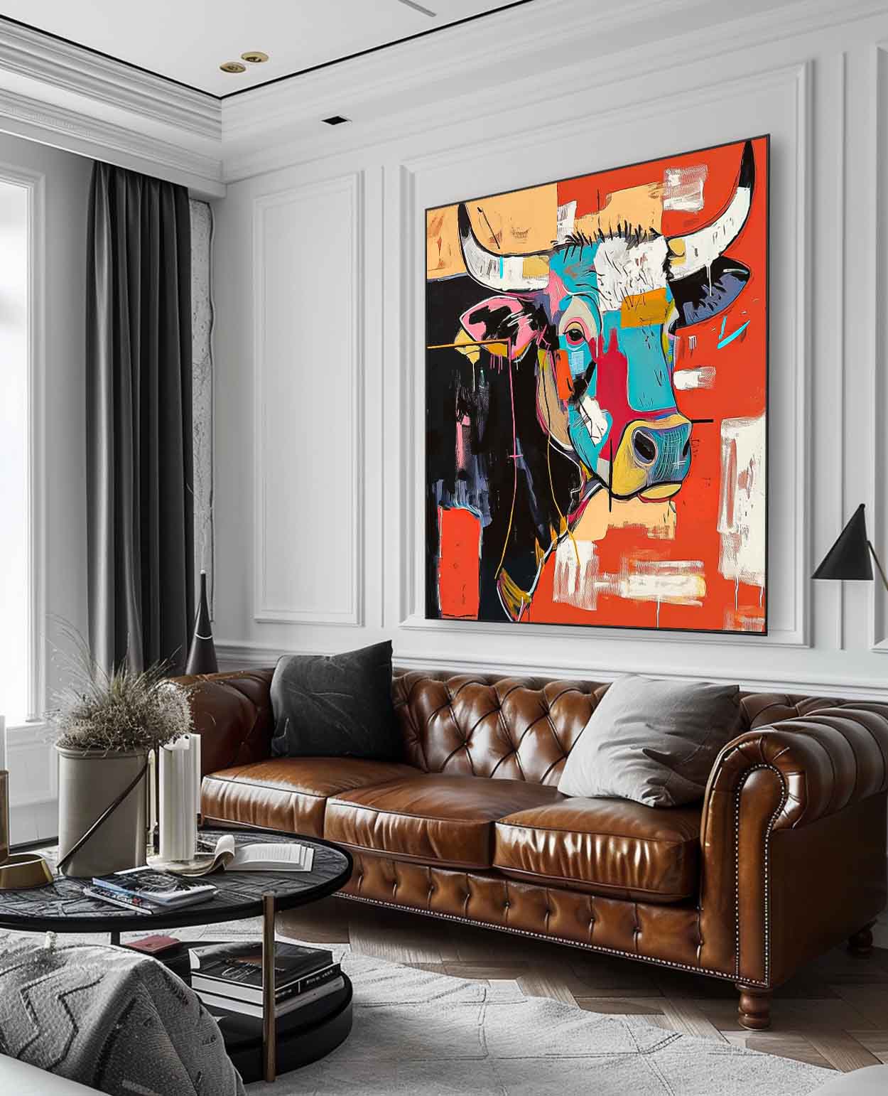 Square Ox Oil Painting Canvas Original Lovely Cow Wall Art Large Colorful Animal Artwork Home Decor