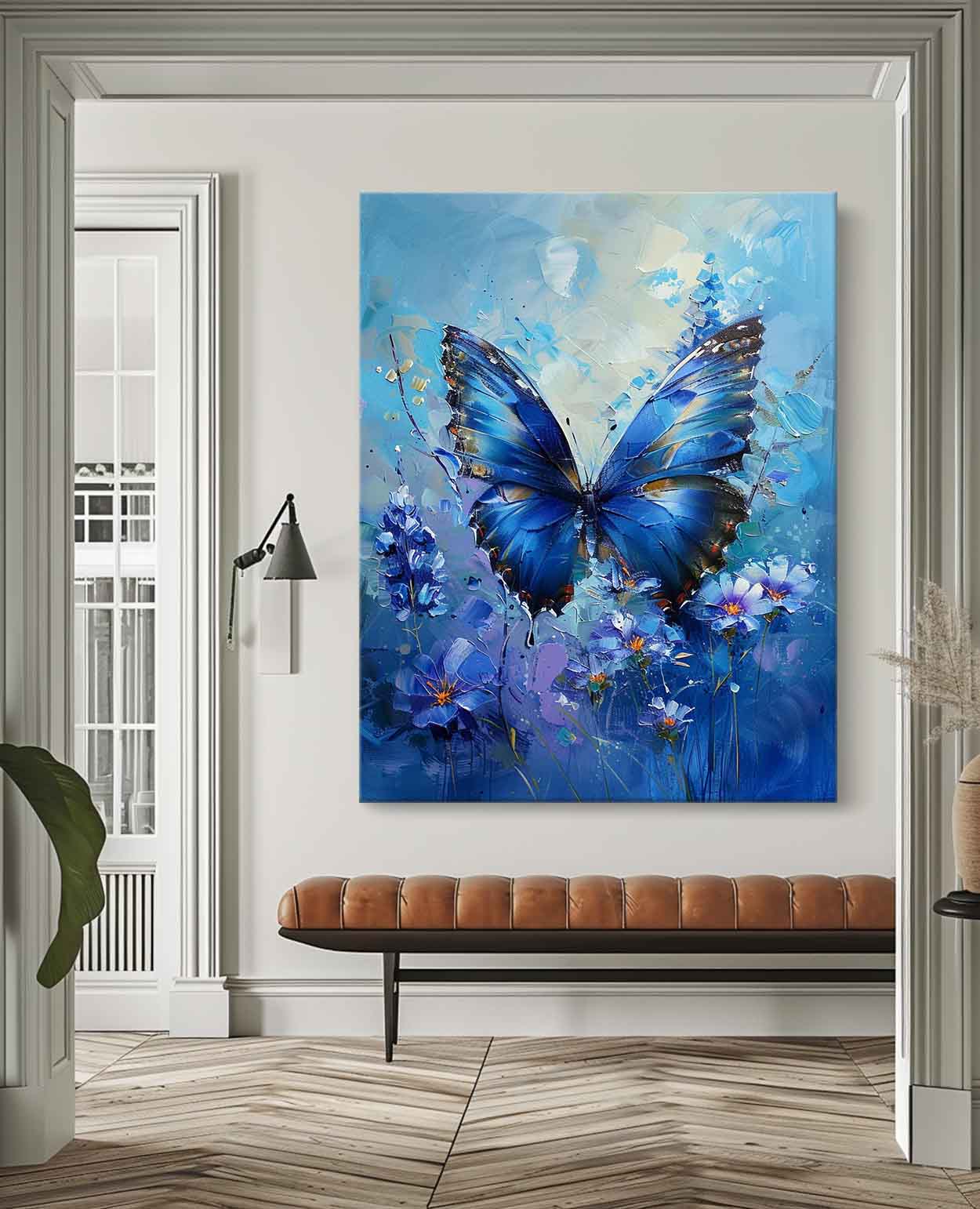 Modern Texture Oil Painting Framed Original Artwork Impressionist Lovely Butterfly Wall Art Blue Oil Painting