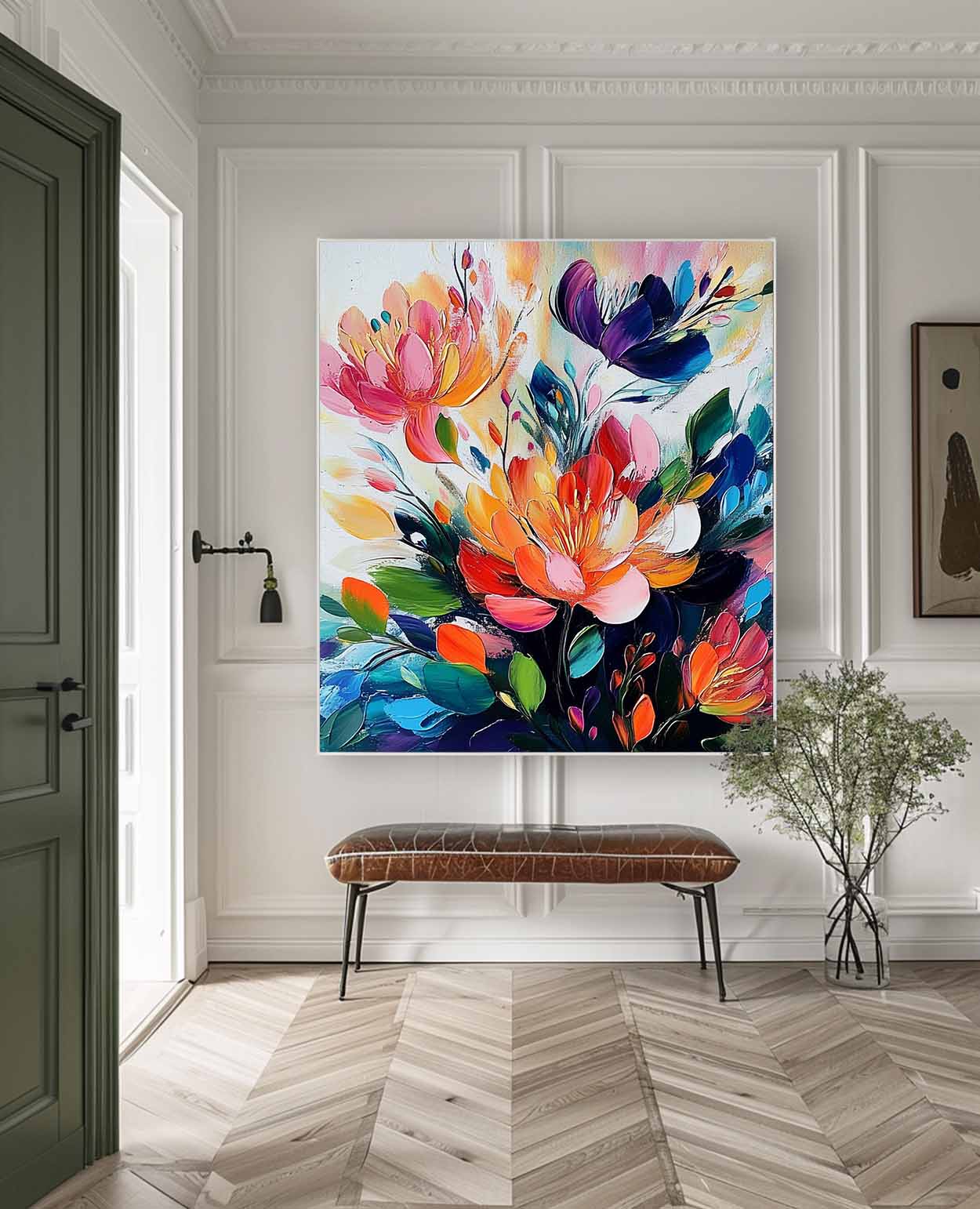 Original Beautifu Art Color Large Textured Flower Painting Framed Modern Floral Wall Art Home Decor