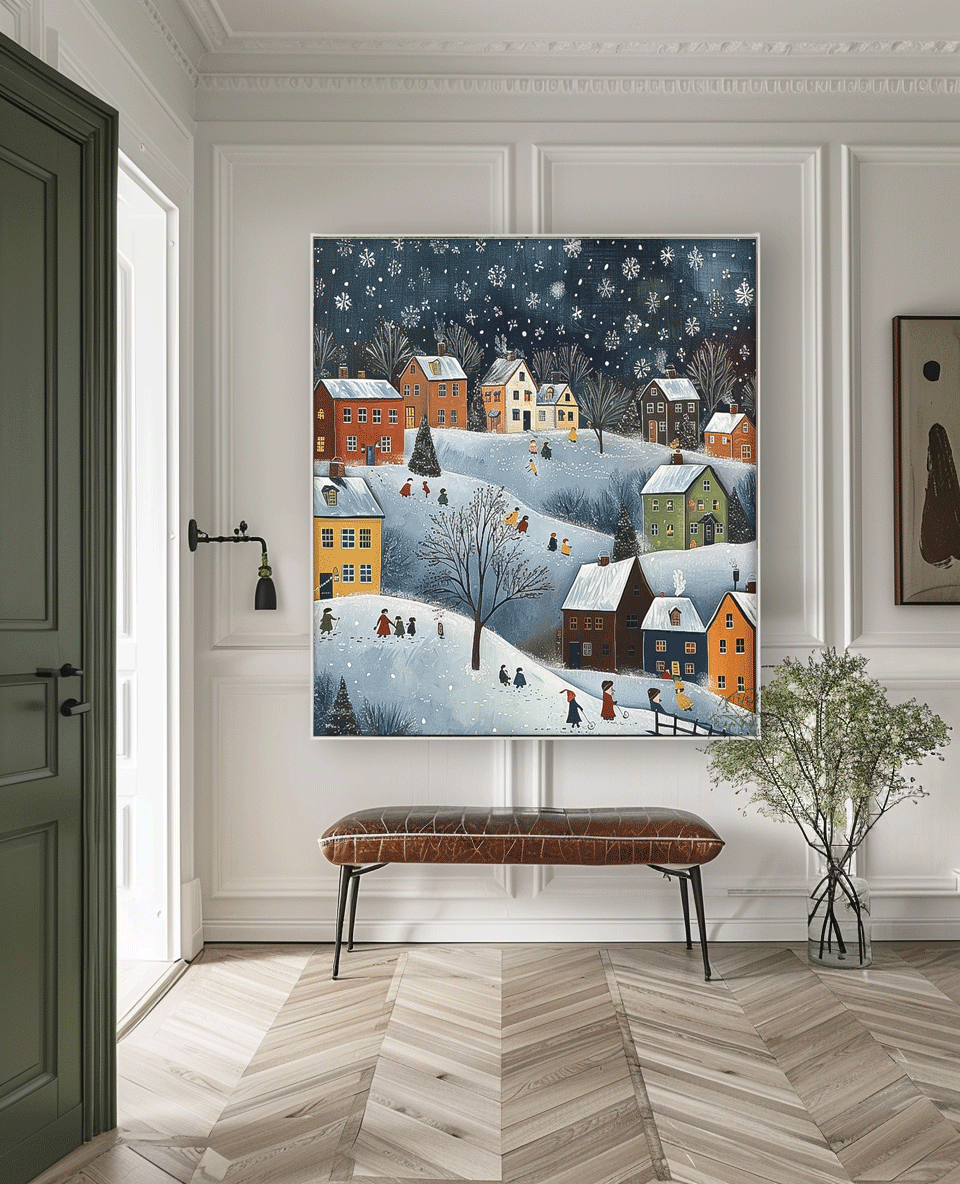 Original Cottage In The Snow Oil Painting Large Winter Wall Art Abstract Landscape Painting Living Room Decor