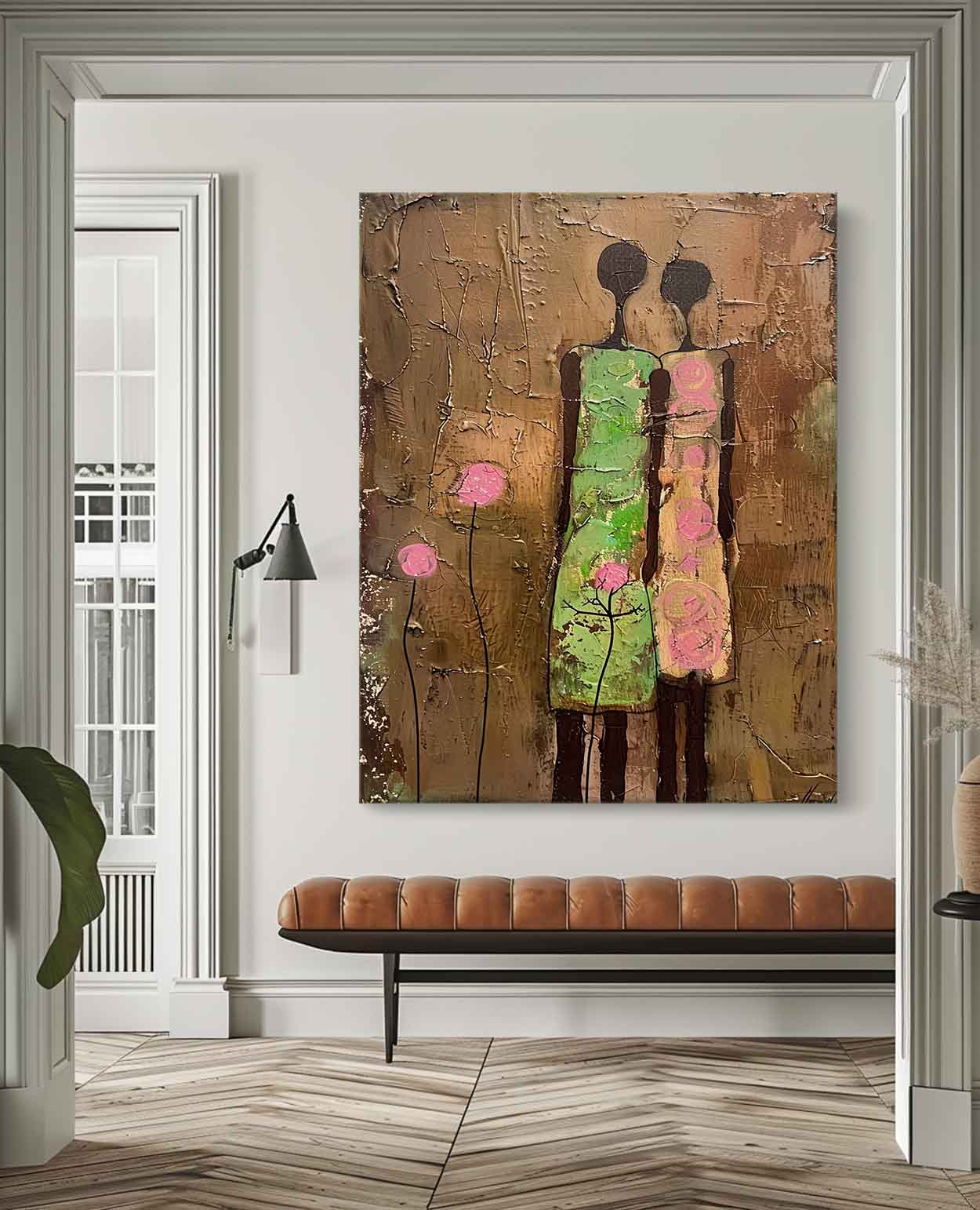 Original Colorful Silhouettes Wall Art Cute Brown Large Figure Painting Abstract Artwork For Living Room
