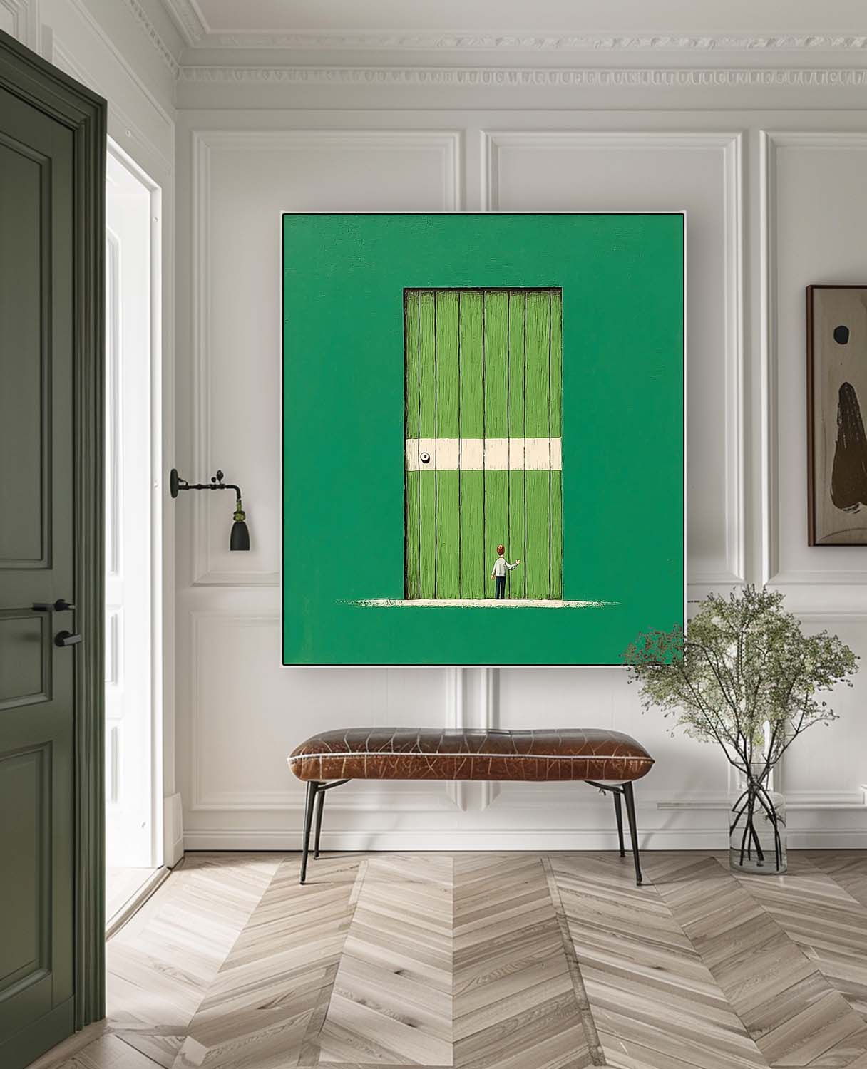 Large Architectural Door Painting Framed Abstract Acrylic painting Original Green Doorway Wall Art