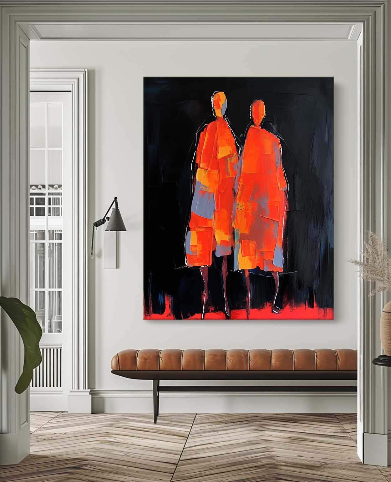 Big Contour Acrylic Painting Warm Color Original Abstract Wall Art Character Outline Painting Framed Artwork