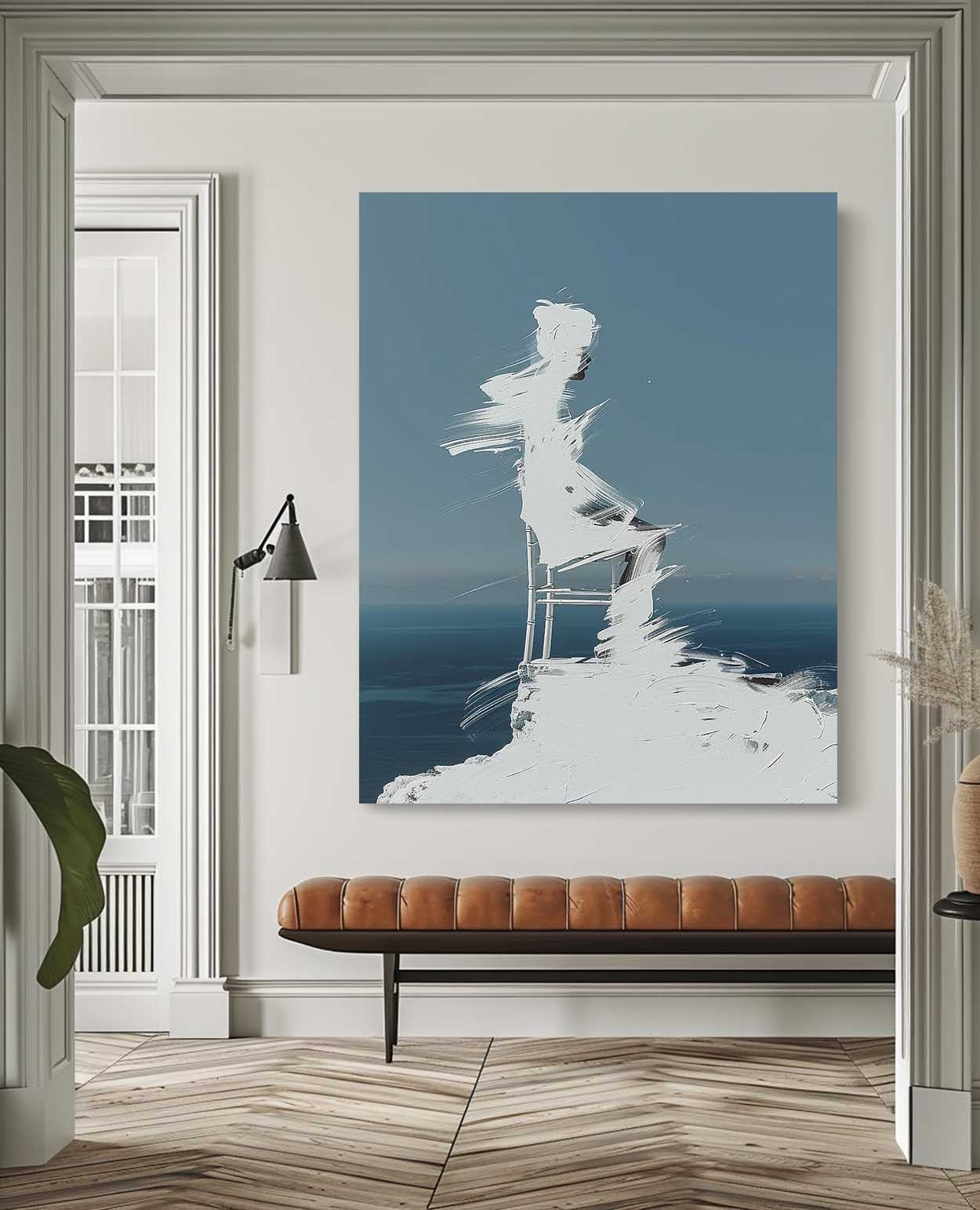 Original Abstract Wall Art Figure shadow Painting Cool Tones Large Outline Acrylic Painting Framed Artwork